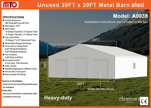 2026 MTO A0039 39 ft x 39 ft Metal Barn Storage Building (Unused)