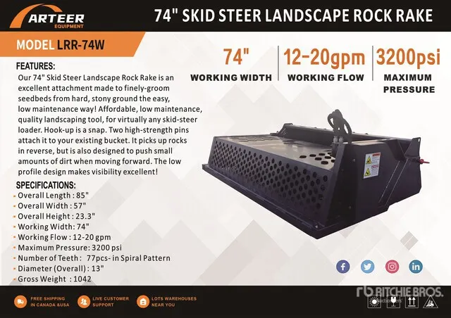 2026 ARTEER LRR-74W 74 In Skid Steer Landscape Rake (Unused)
