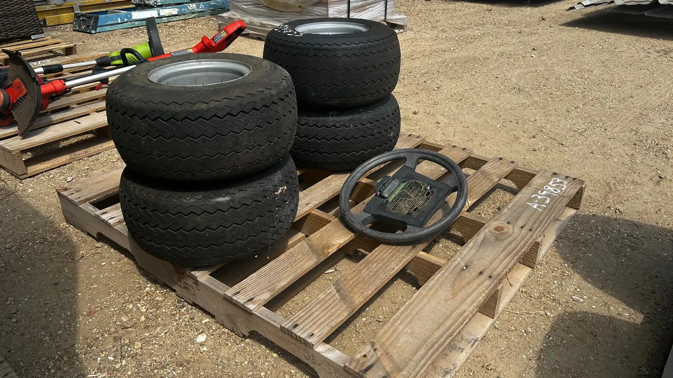 (4) GOLFCART WHEELS AND STEERING WHEEL