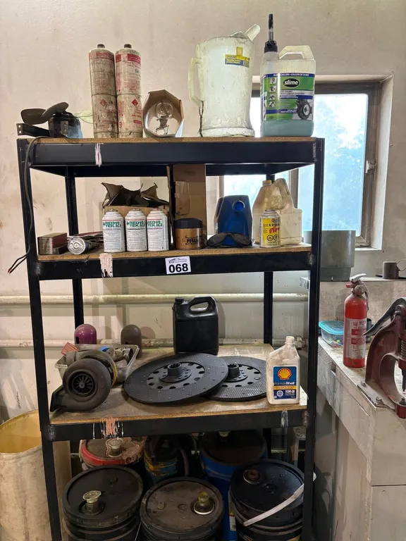 BLACK METAL STORAGE SHELF WITH AUTOMOTIVE PARTS & SHOP SUPPLIES