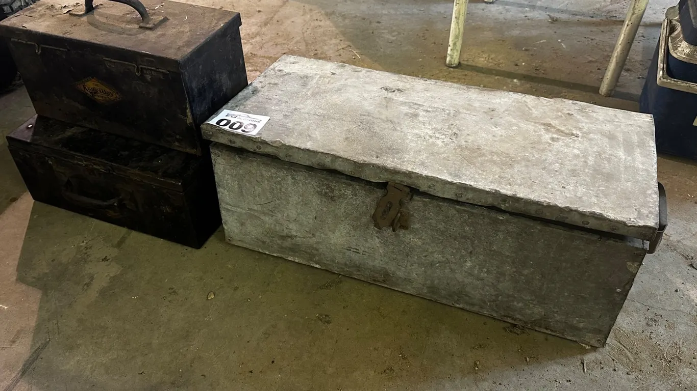 METAL-CLAD WOODEN STORAGE CHEST WITH COIL SPRINGS & 2 VINTAGE METAL TOOL BOXES – ONE KWIK-WAY