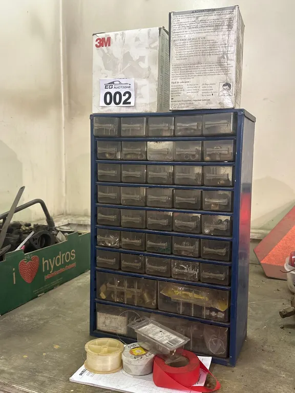 SMALL PARTS ORGANIZER CABINET WITH ASSORTED HARDWARE & FITTINGS