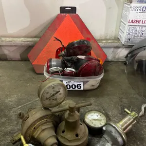 ASSORTED WELDING GAS REGULATORS, PRESSURE GAUGES, AUTOMOTIVE LIGHTS & SLOW-MOVING VEHICLE SIGN