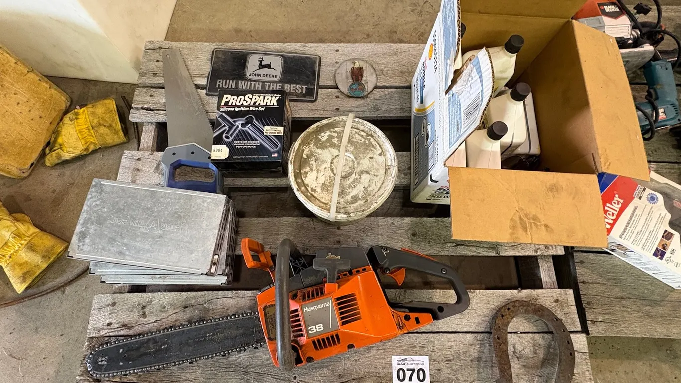 PALLET LOT – HUSQVARNA 38 CHAINSAW, TOOLS & SHOP SUPPLIES