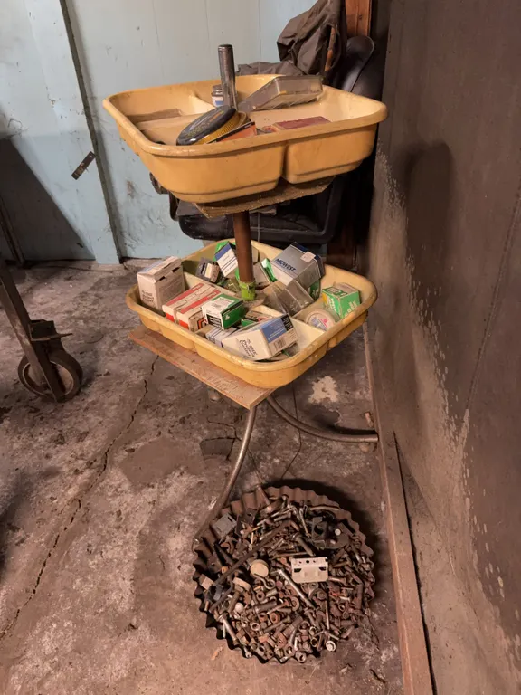Rolling Two Tier Utility Cart with Assorted Hardware and Fasteners