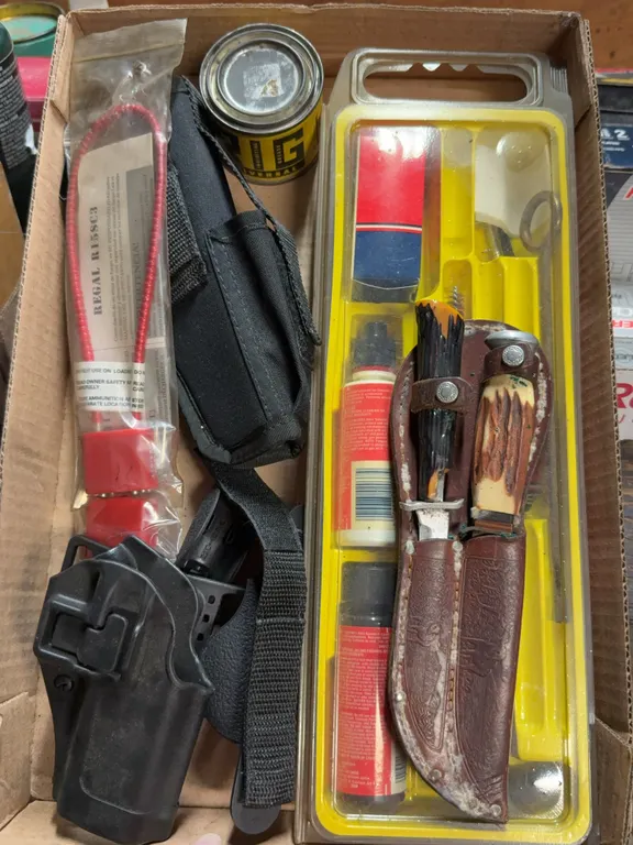 Assorted Shooting Accessories and Stag Handle Hunting Knife Set