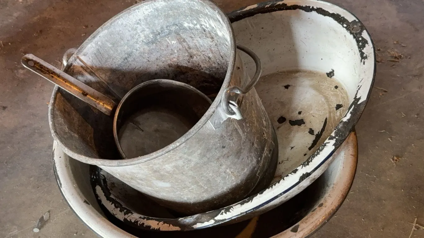 Enamelware Wash Basins Galvanized Bucket and Metal Ladle Lot