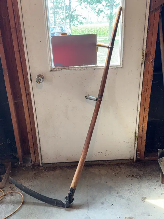 Antique Agricultural Hay Scythe With Curved Forged Steel Blade