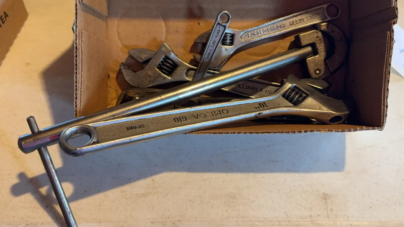 Assorted Adjustable Wrenches Including Omega 610 and JH Williams AP8