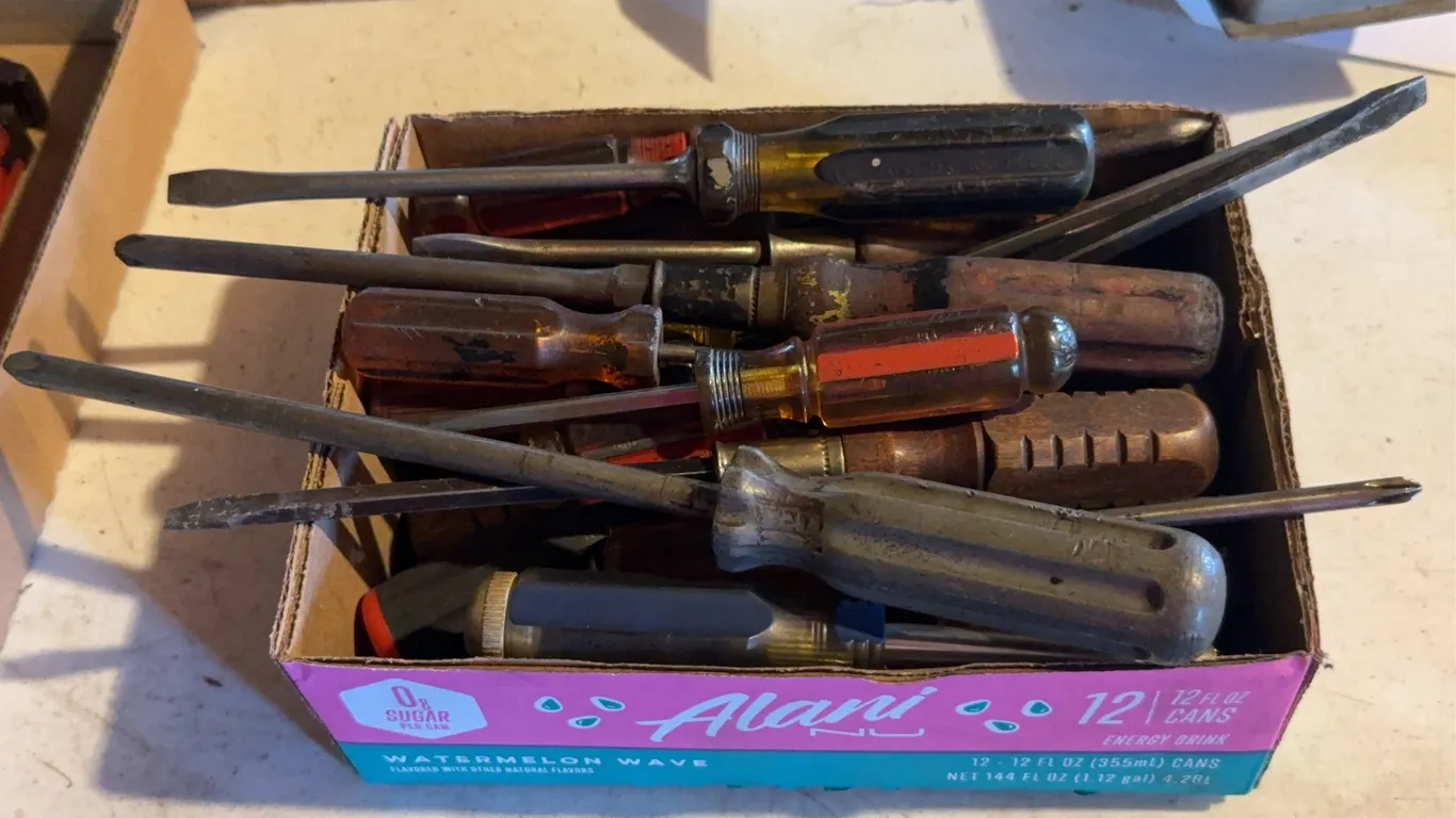 Assorted Estate Hand Tools Screwdrivers Lot with Wooden and Amber Handles