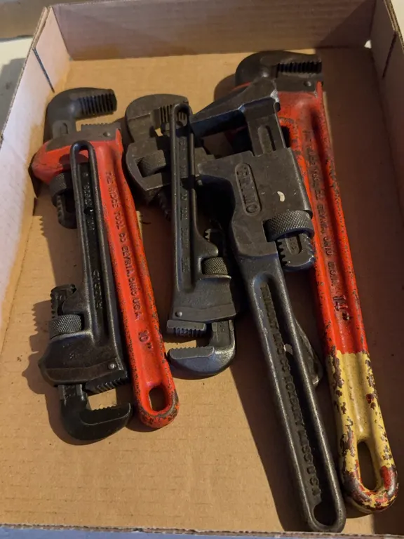 Collection of Heavy-Duty Cast Iron Pipe Wrenches Ridgid and Trimo