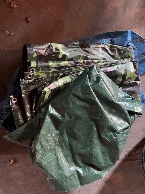 Assorted Heavy Duty Poly Tarps Including Camouflage and Green