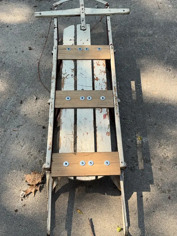 Antique Wooden Snow Sled Metal Runners Stamped 85084