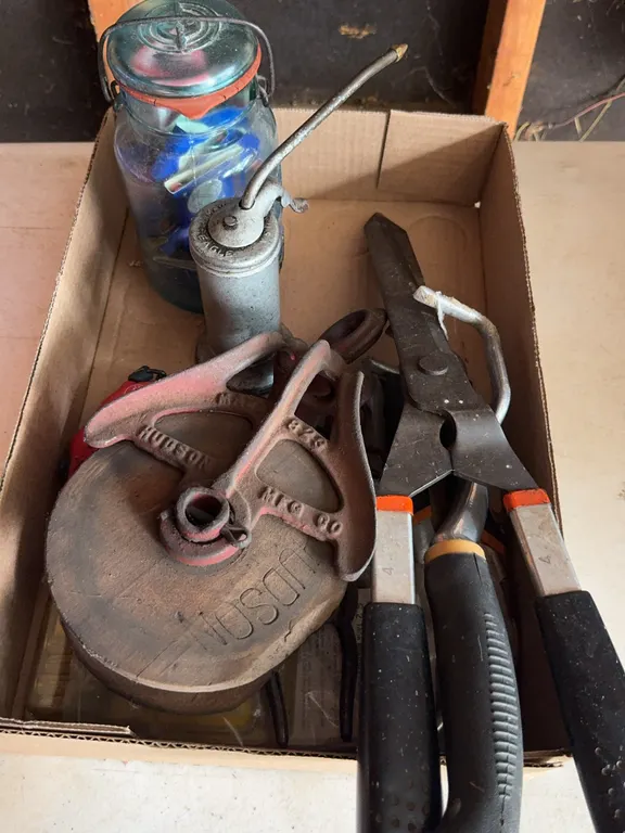 Antique Hudson Mfg Co Cast Iron Pulley and Assorted Tools Lot