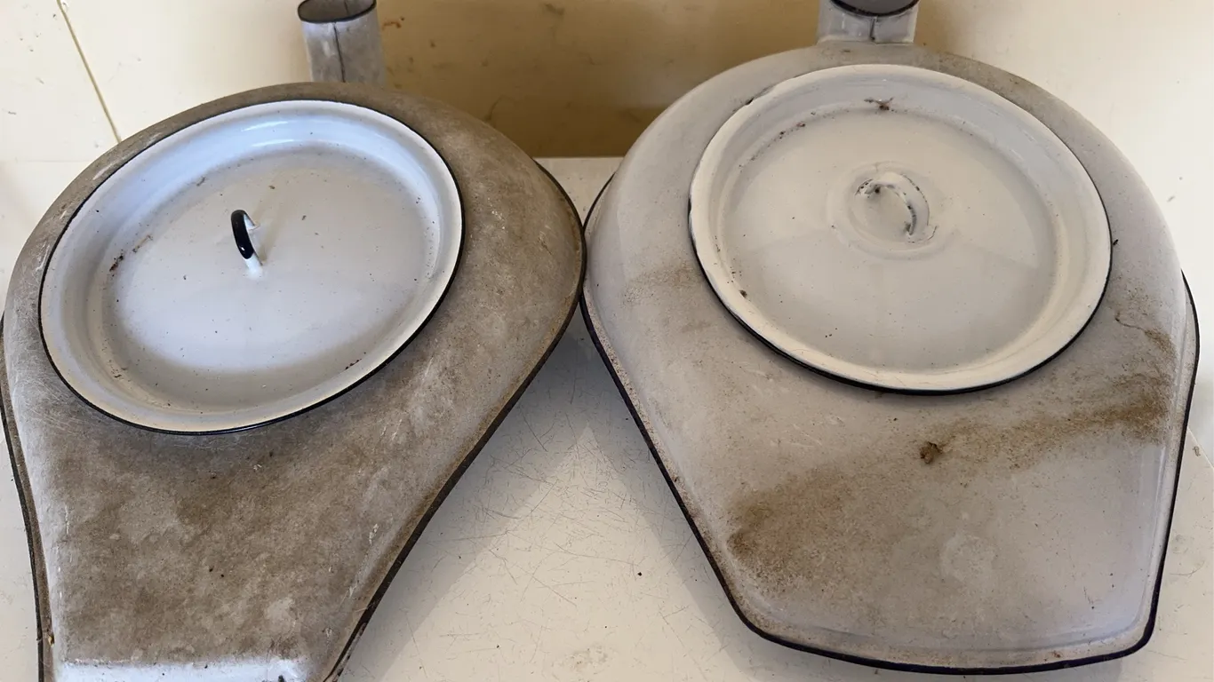 White Porcelain Enamelware Hospital Bed Pans With Lids Pair
