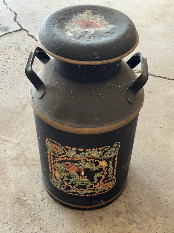 Antique Metal Dairy Farm Milk Can with Painted Floral Decal Decor