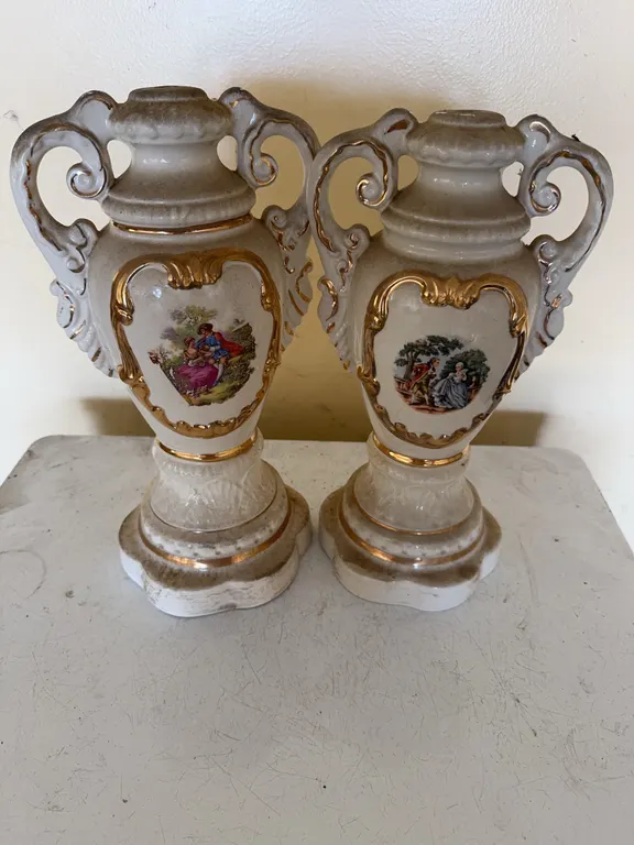 Pair of Porcelain Urn Form Table Lamp Bases Gilded Accents
