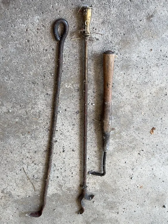 Antique Metal Fireplace Poker Brass Handle Iron Hook Farm Tools Lot