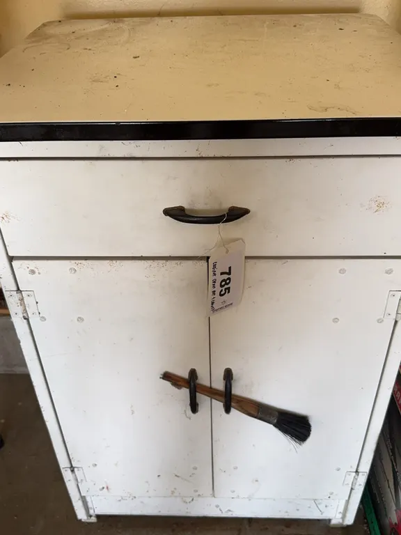 White Metal Cabinet with Enamel Top and Contents