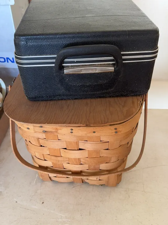 Vintage Wood Splint Picnic Basket and Portable Travel Coffee Kit