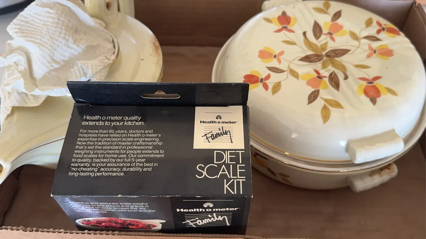 Hall China Autumn Leaf Casserole and Health O Meter Diet Scale