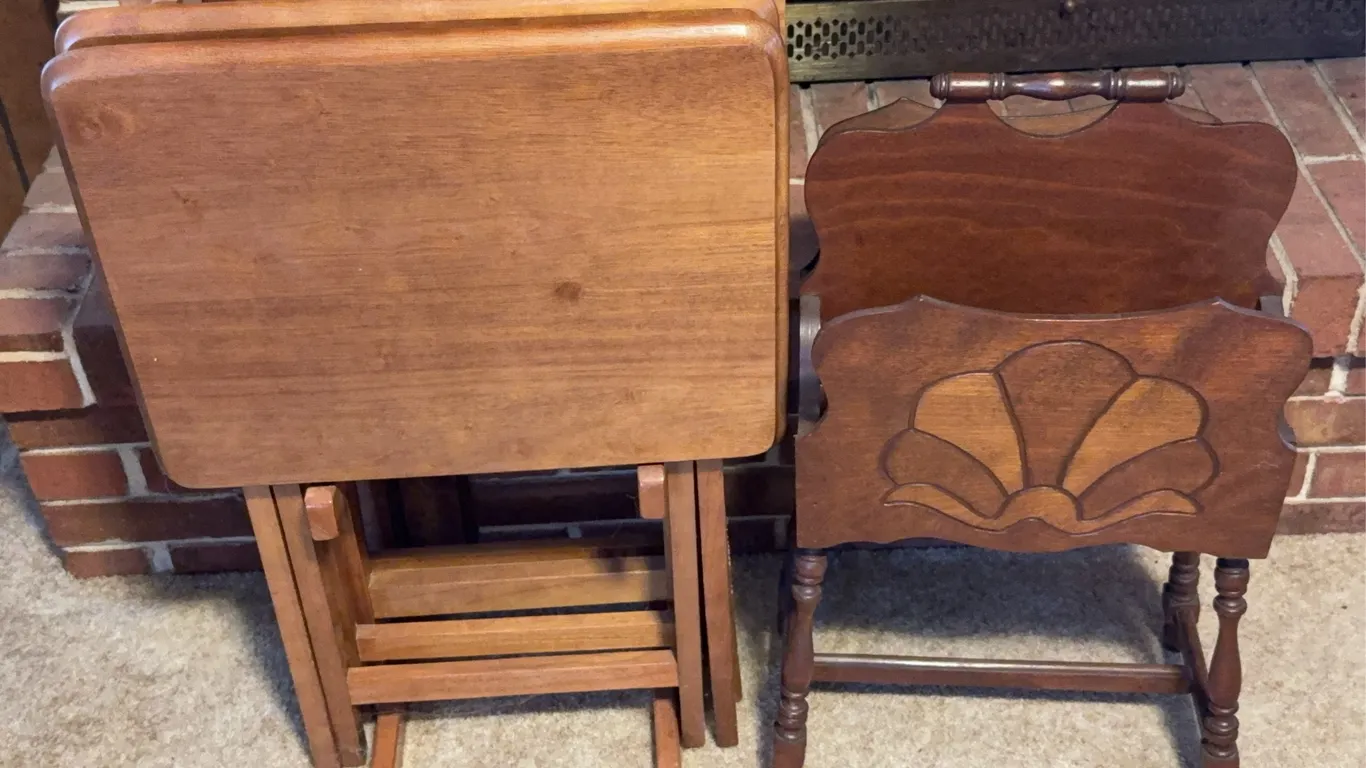 Set of Wooden Folding TV Tray Tables and Carved Magazine Rack