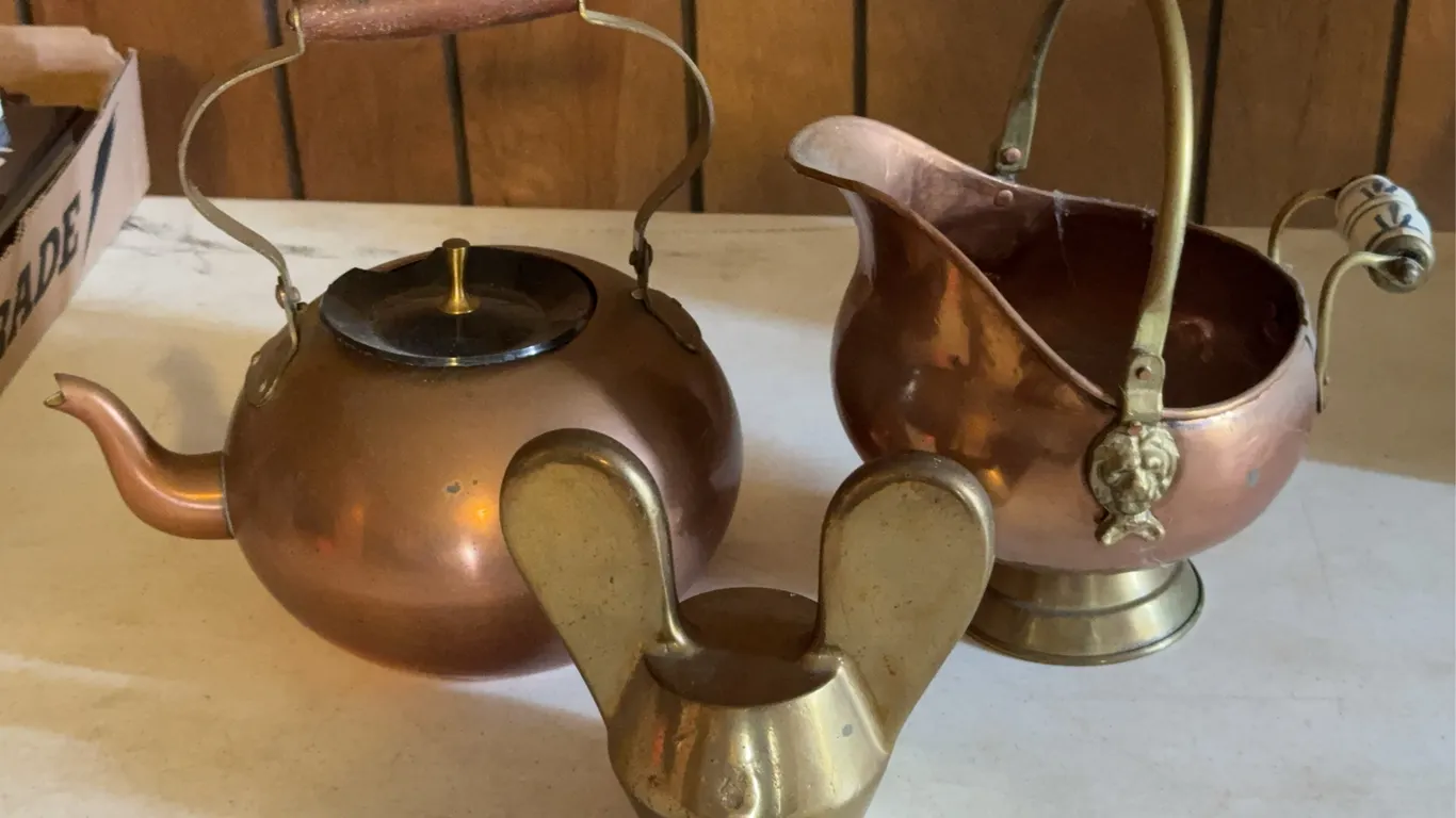 Copper Tea Kettle, Coal Scuttle, and Brass Wingnut