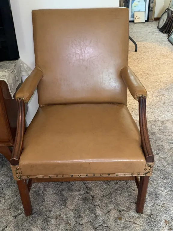 Georgian Style Ochre Leather Armchair Brass Nailhead Trim Wood Frame