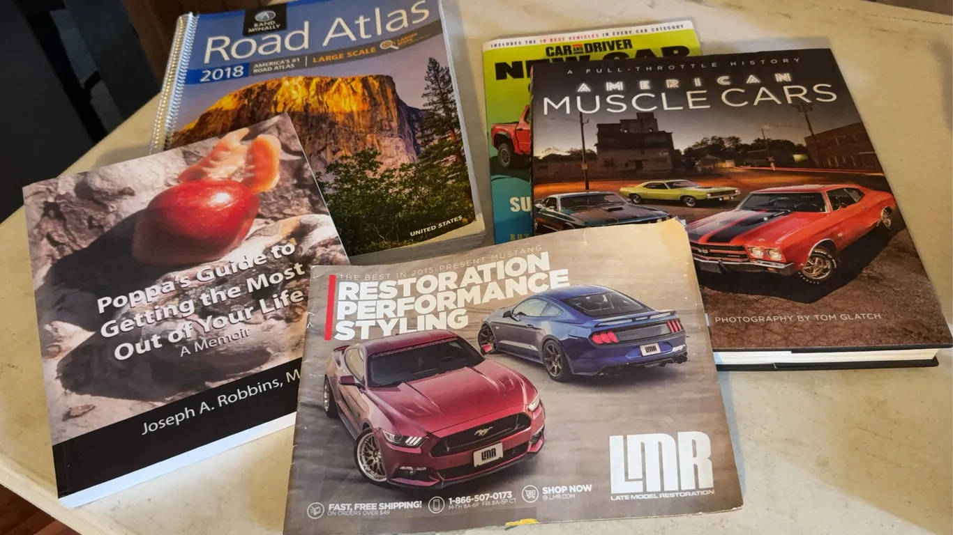 Collection of Automotive Books Road Atlas Memoir and Car Magazines