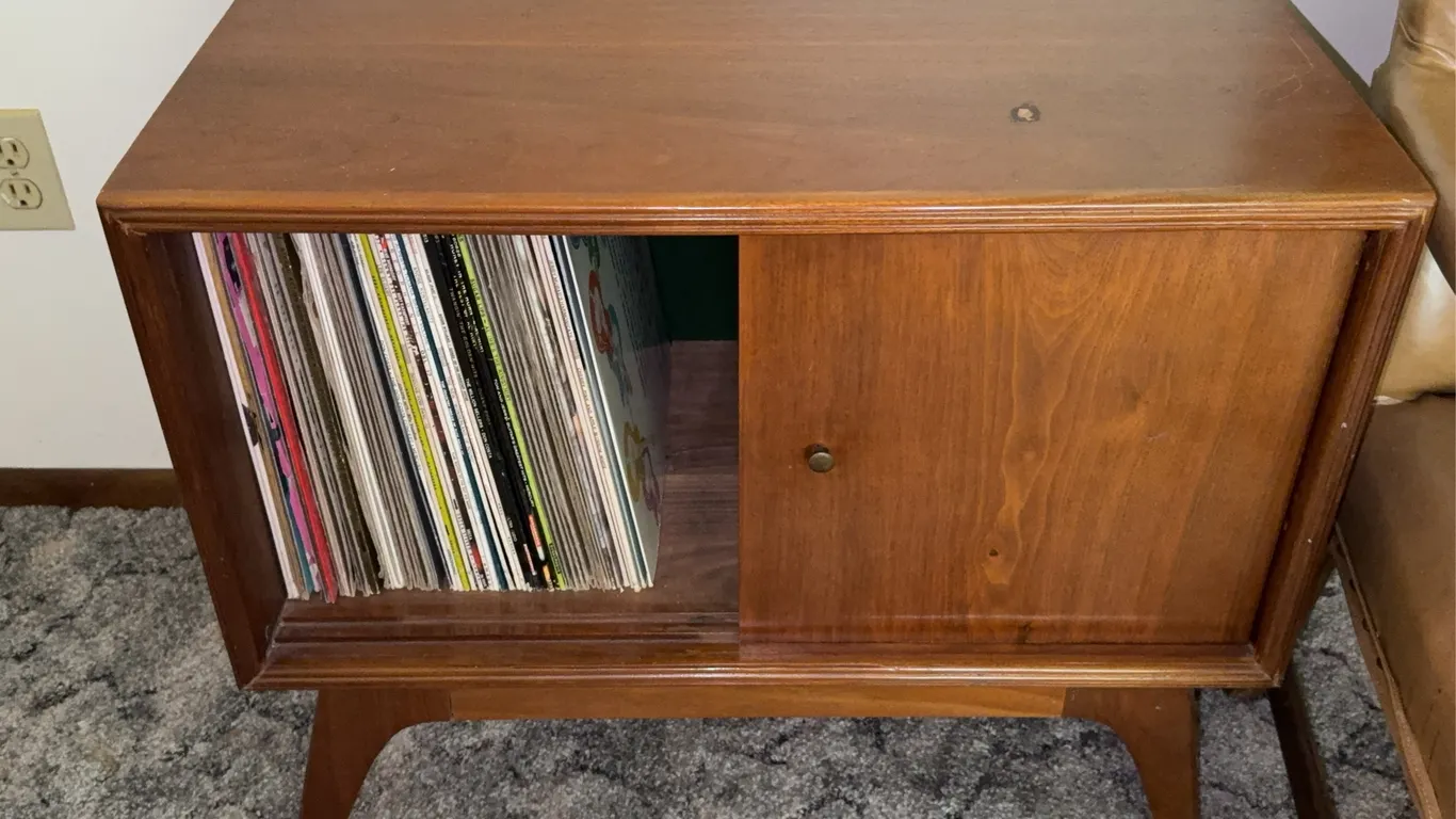 Mid-Century Modern Wooden Record Cabinet with Vinyl LP Album Collection