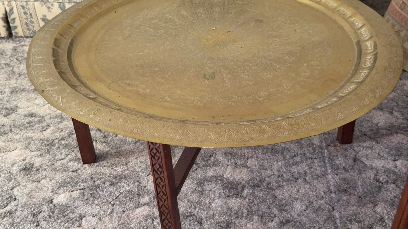 Moroccan Engraved Brass Tray Coffee Table With Carved Wooden Base