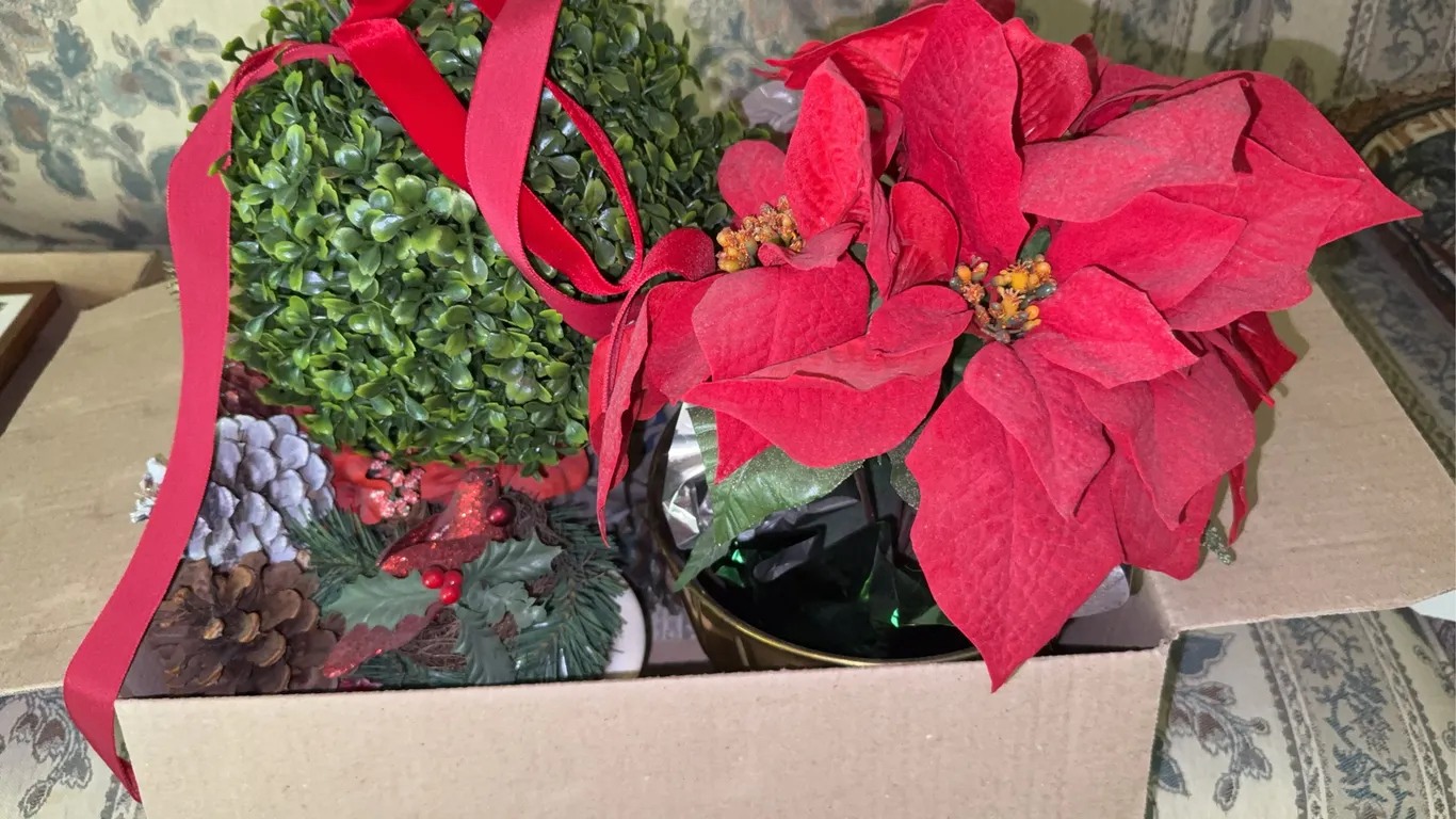 Assorted Artificial Holiday Decor Featuring Poinsettia Topiary Boxwood Ball