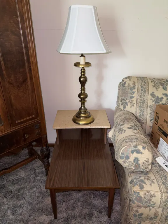 Mid Century Modern Step End Table with Brass Candlestick Lamp