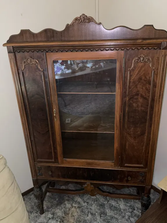 Antique Carved Walnut Center Door China Cabinet Display Curio