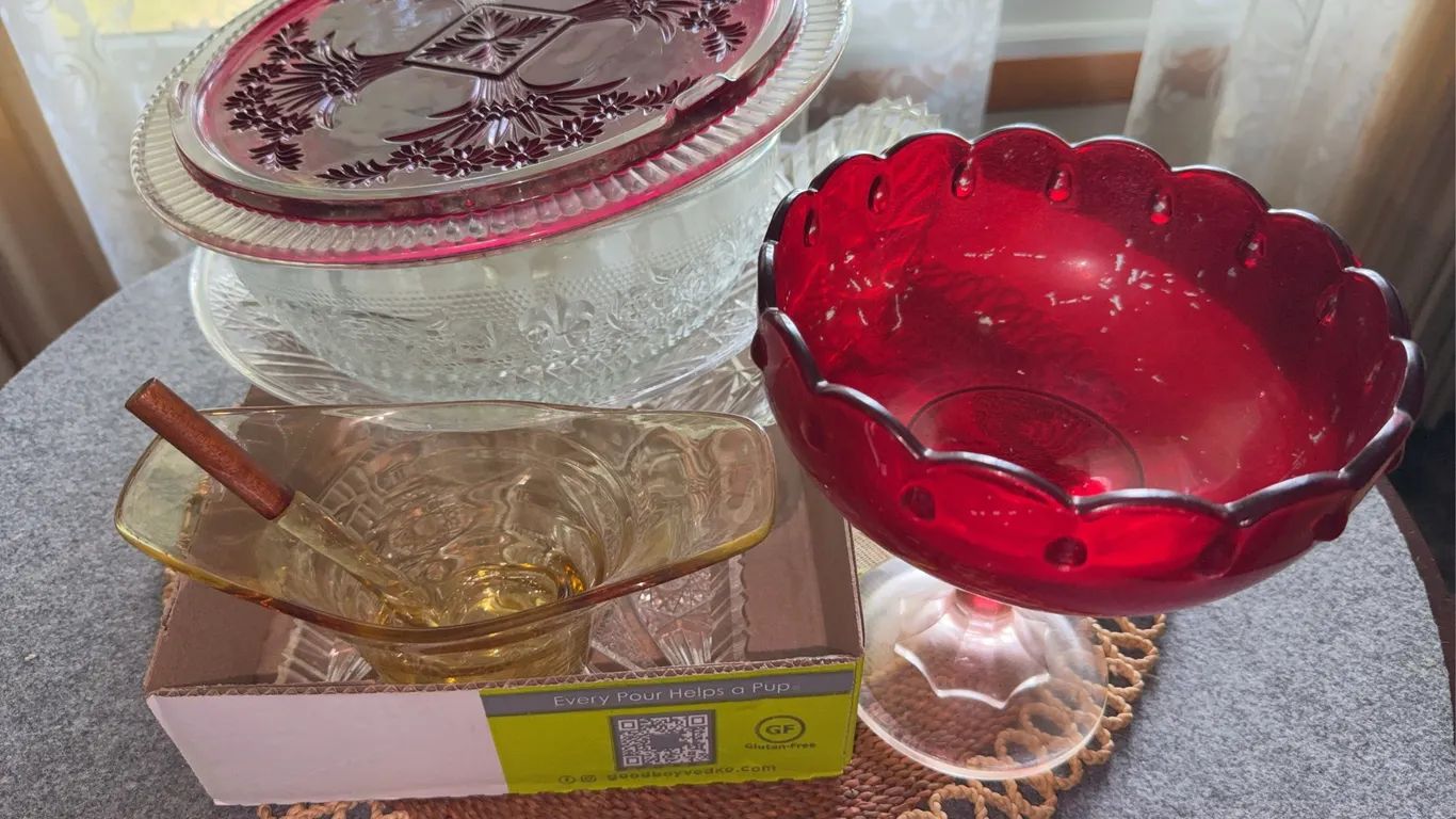 Pressed Glassware Lot Ruby Red Compote Amber Gravy Boat