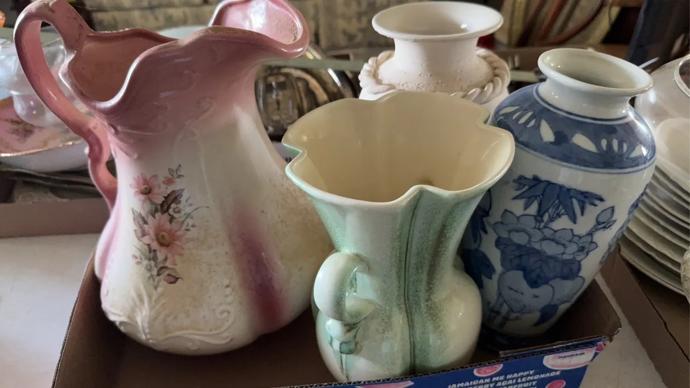 Assorted Ceramic Vases and Victorian Style Floral Pitcher Lot