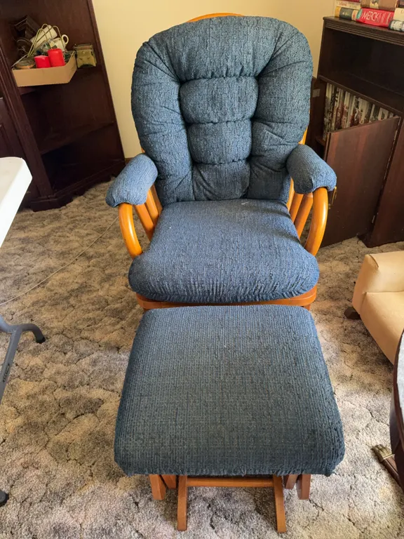 Best Chairs Inc Blue Upholstered Glider Rocker with Matching Ottoman