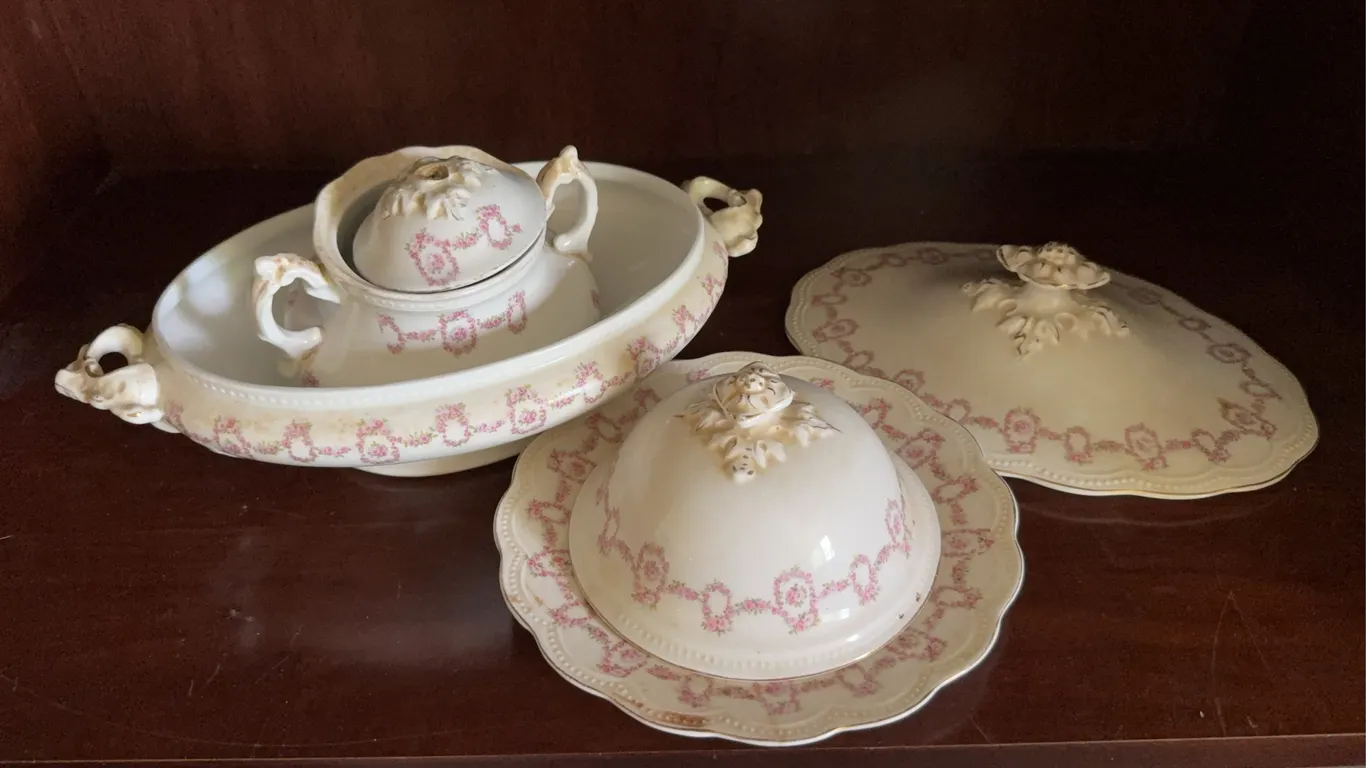 Antique Johnson Bros England Floral Porcelain Covered Tureen Servingware Group