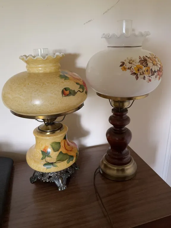 Pair of Hand Painted Floral Hurricane Style Electric Table Lamps