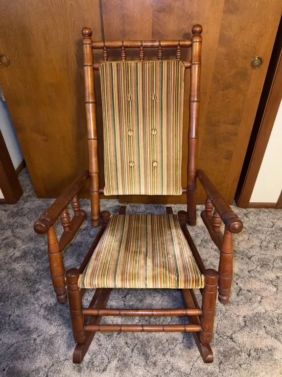 Antique Spindle Turn Wooden Rocking Chair with Tufted Striped Upholstery
