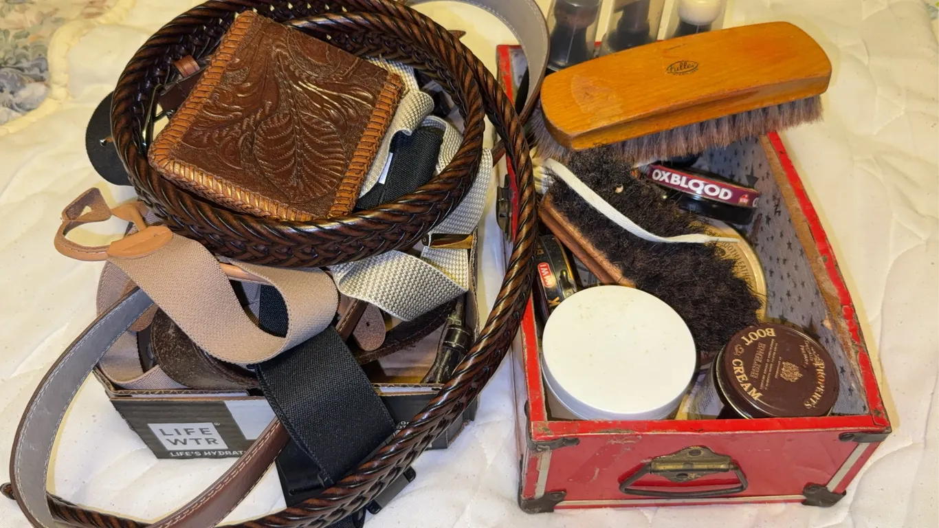 Men's Leather Belts Suspenders Wallets and Shoe Polish Care Kit Lot