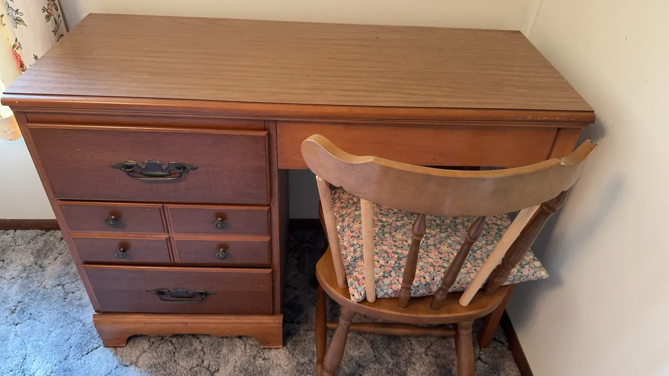 Vintage Wooden Four Drawer Writing Desk With Spindle Back Chair