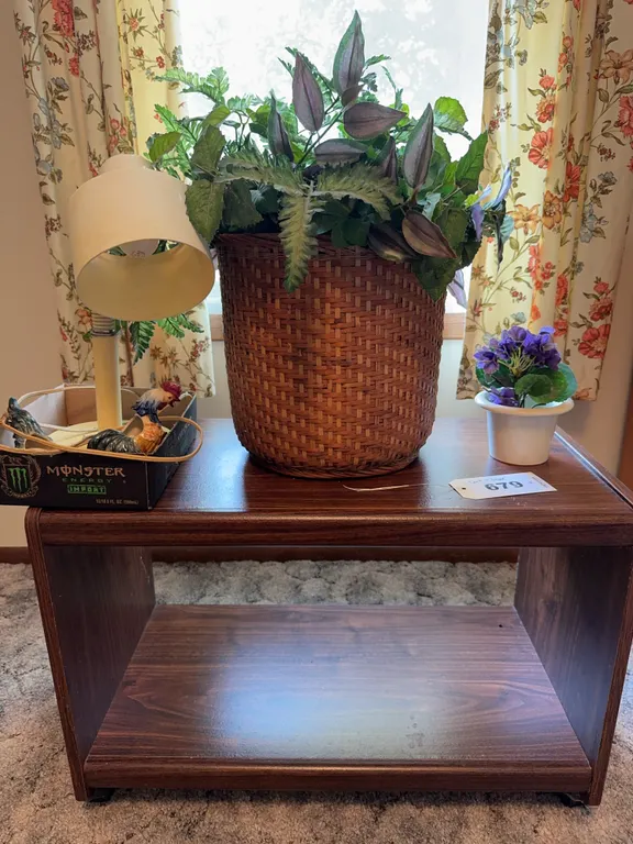 Low Laminate Side Table Gooseneck Desk Lamp Faux Plants Decor Collection