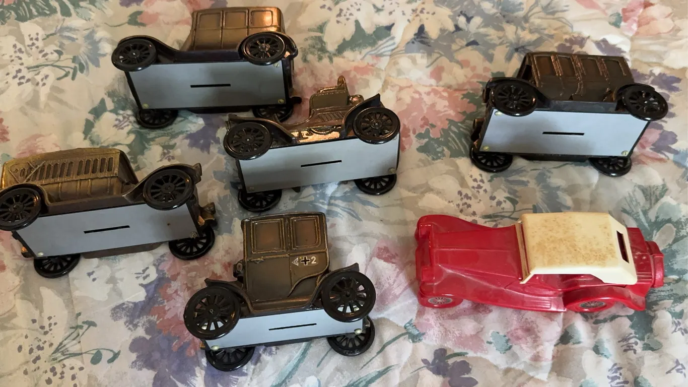 Banthrico Metal Automobile Coin Banks and Avon 1936 MG Decanter Lot