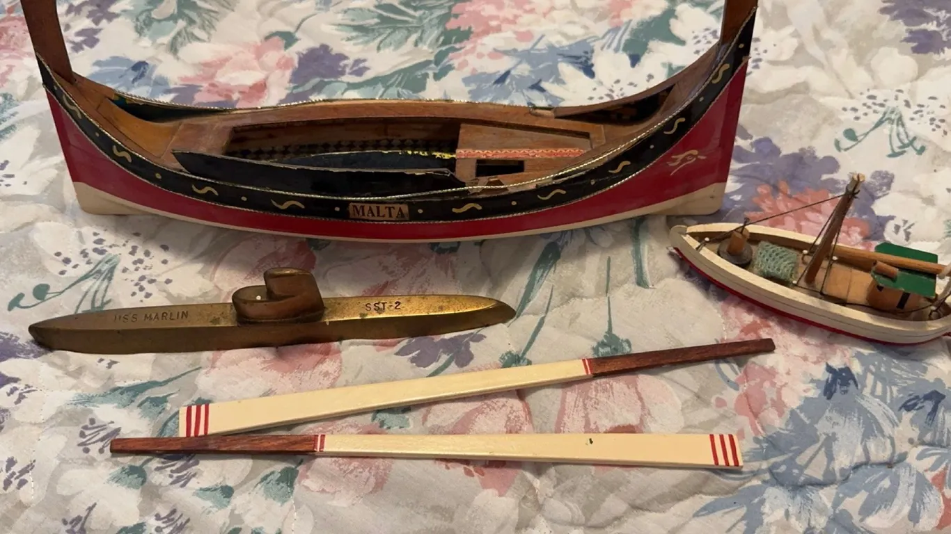 Wooden Malta Gondola Model Boat with USS Marlin Brass Submarine