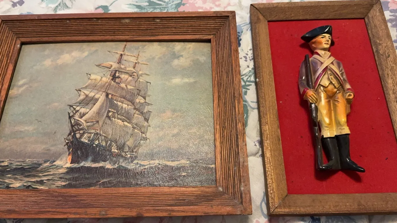 Framed Clipper Ship Maritime Seascape Print and Colonial Soldier Plaque Lot