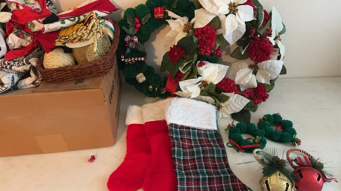 Holiday Decor Collection Featuring Artificial Wreaths Stockings and Tapestry Throw