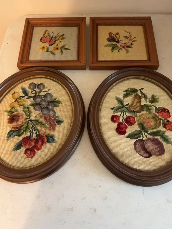 Mixed Vintage Wall Art Lot Framed Needlepoint Straw Art Calendar Scroll