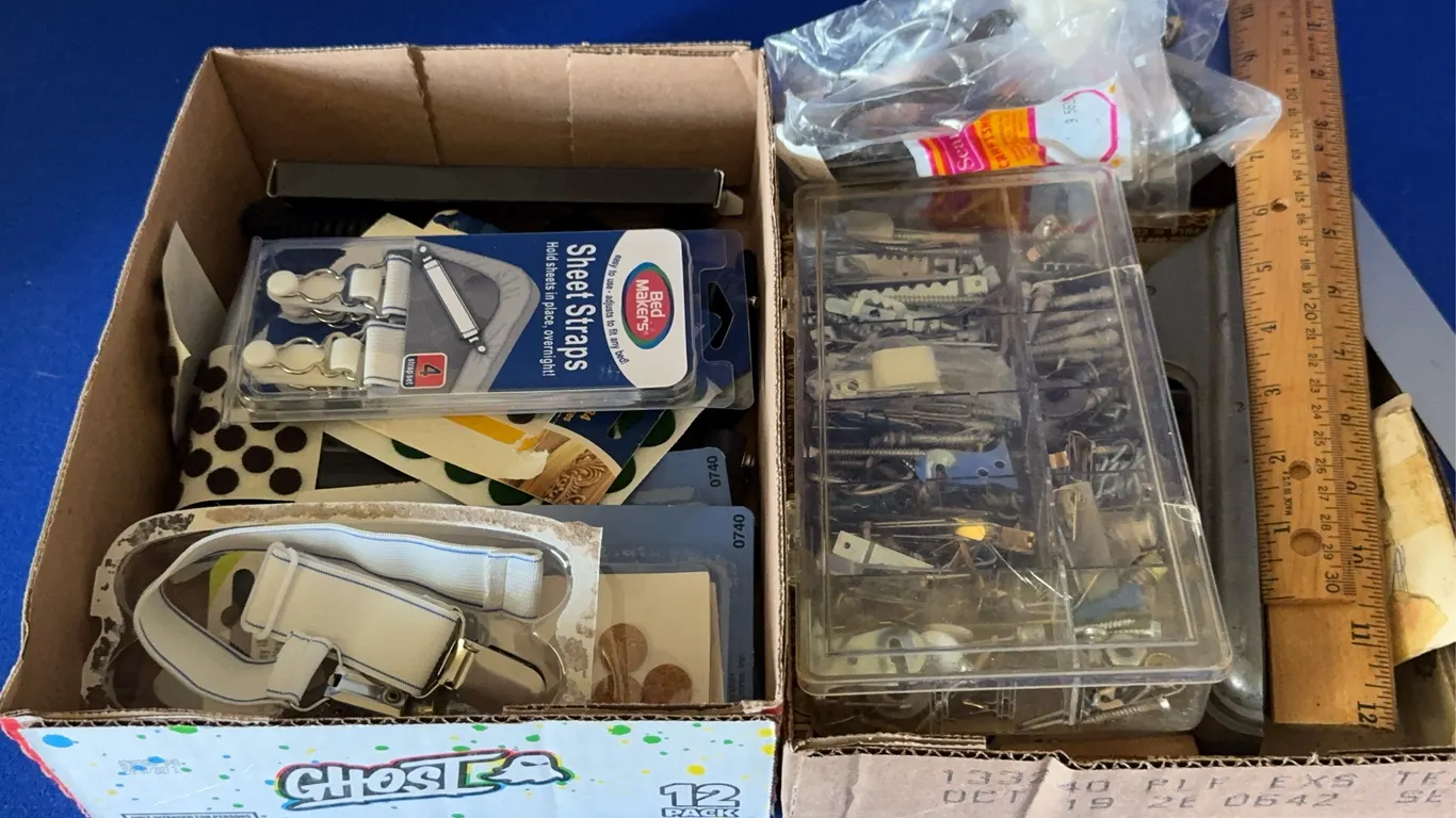 Assorted Household Hardware Estate Lot Office Supplies Tools Sheet Straps