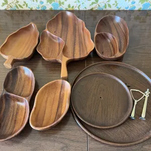 Mid-Century Carved Wooden Leaf Bowls and Tiered Server Lot